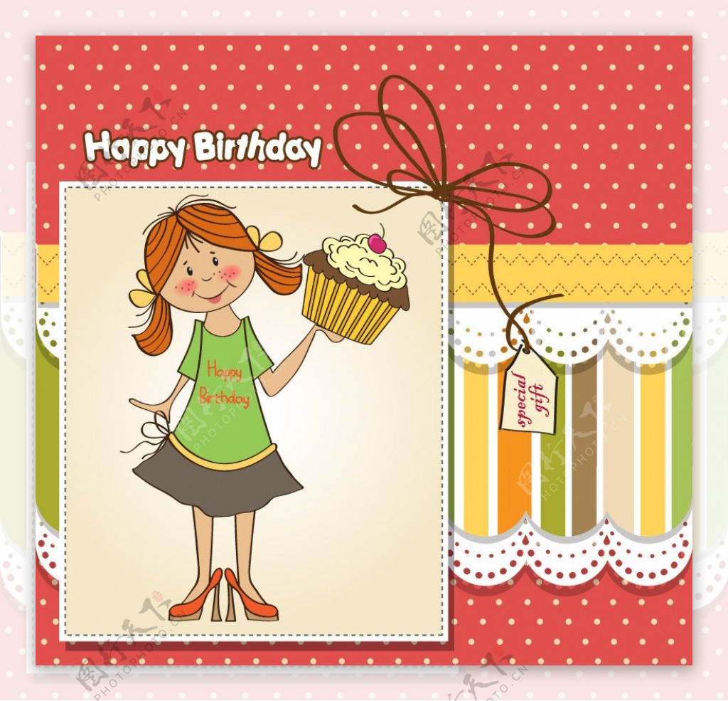 拿着蛋糕的小女孩生日贺卡图片