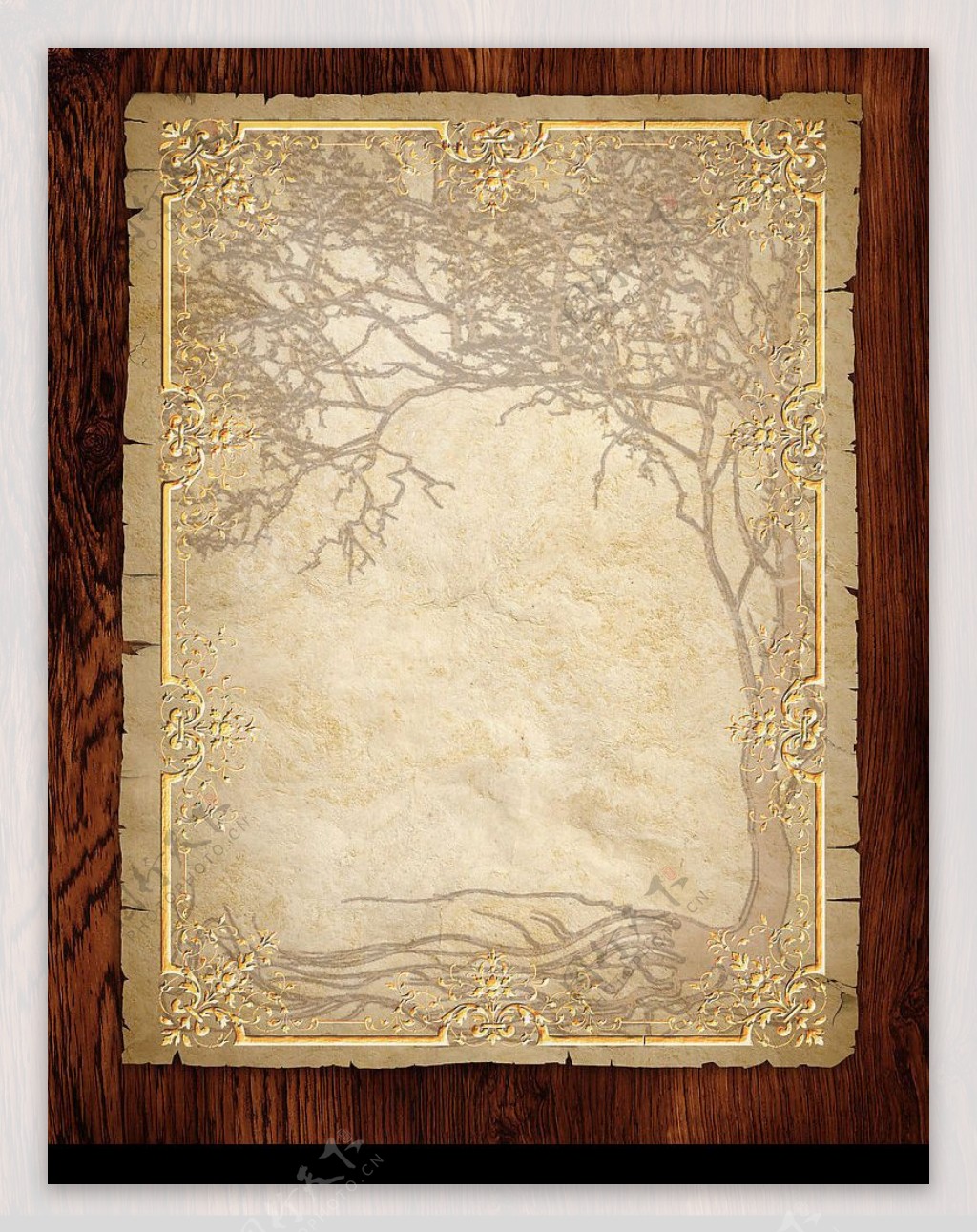 欧洲浮雕黄金树古典羊皮纸邀请函请柬图片