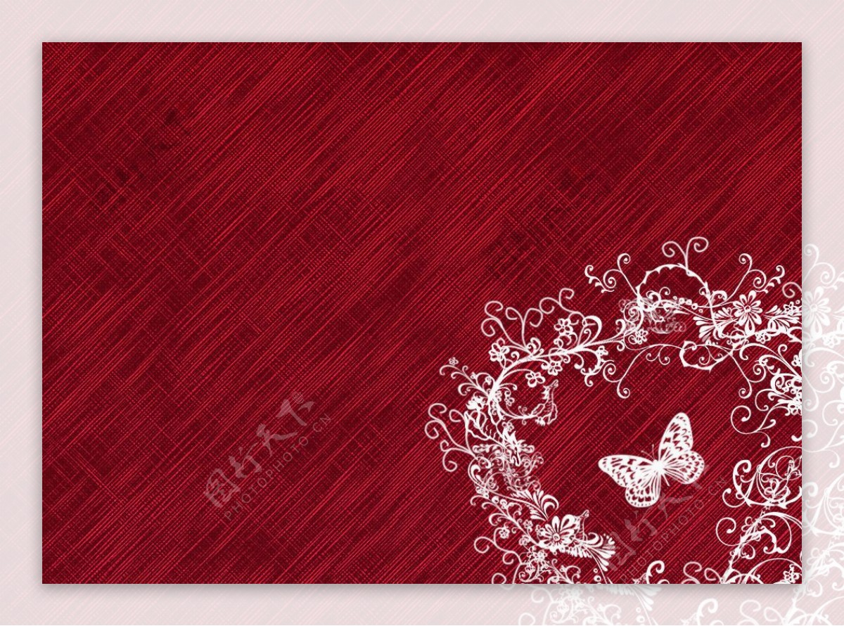 深红色布纹背景花藤蝴蝶图片