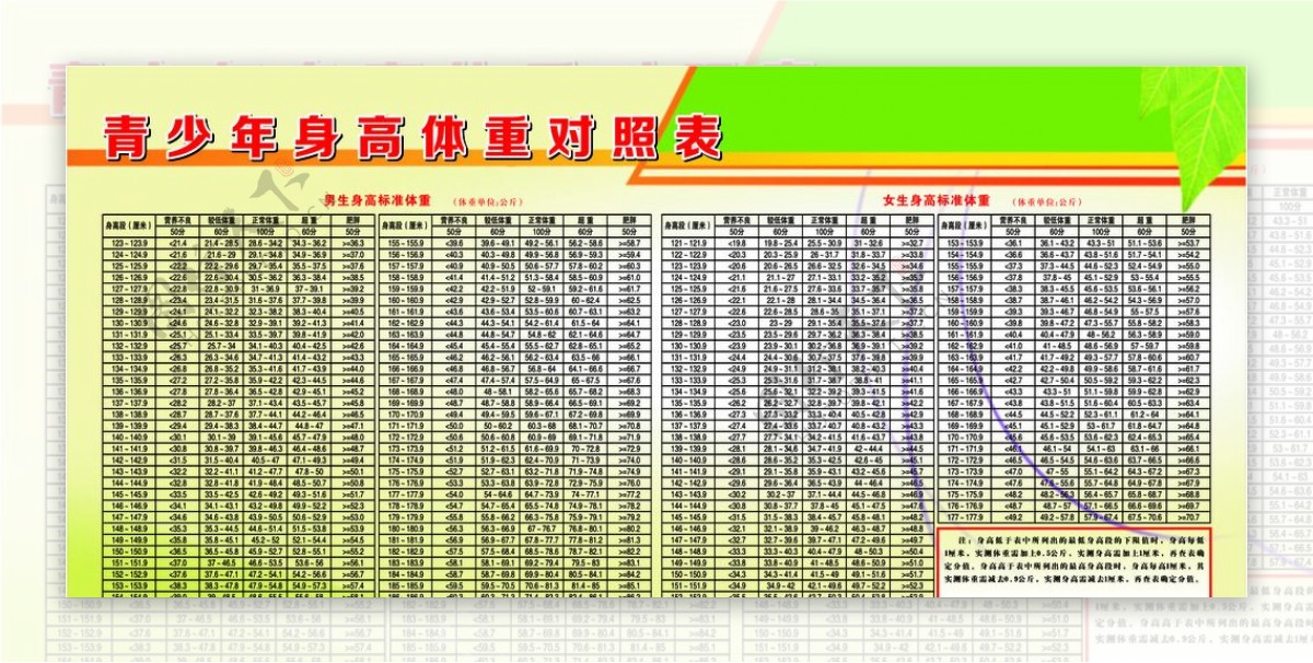 青少年身高体重对照表图片