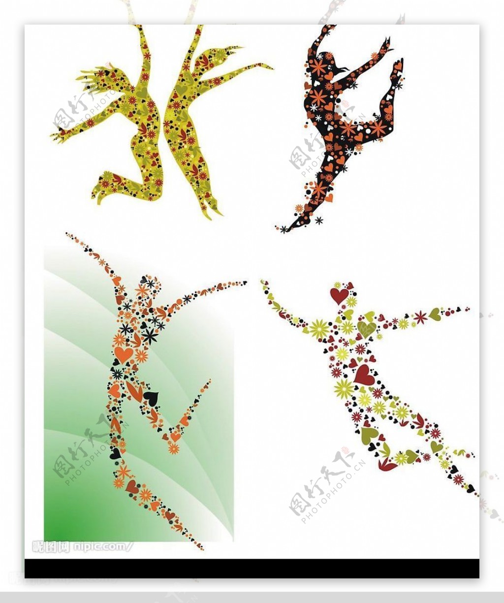 4款花朵组成的跳跃人物矢量素图片