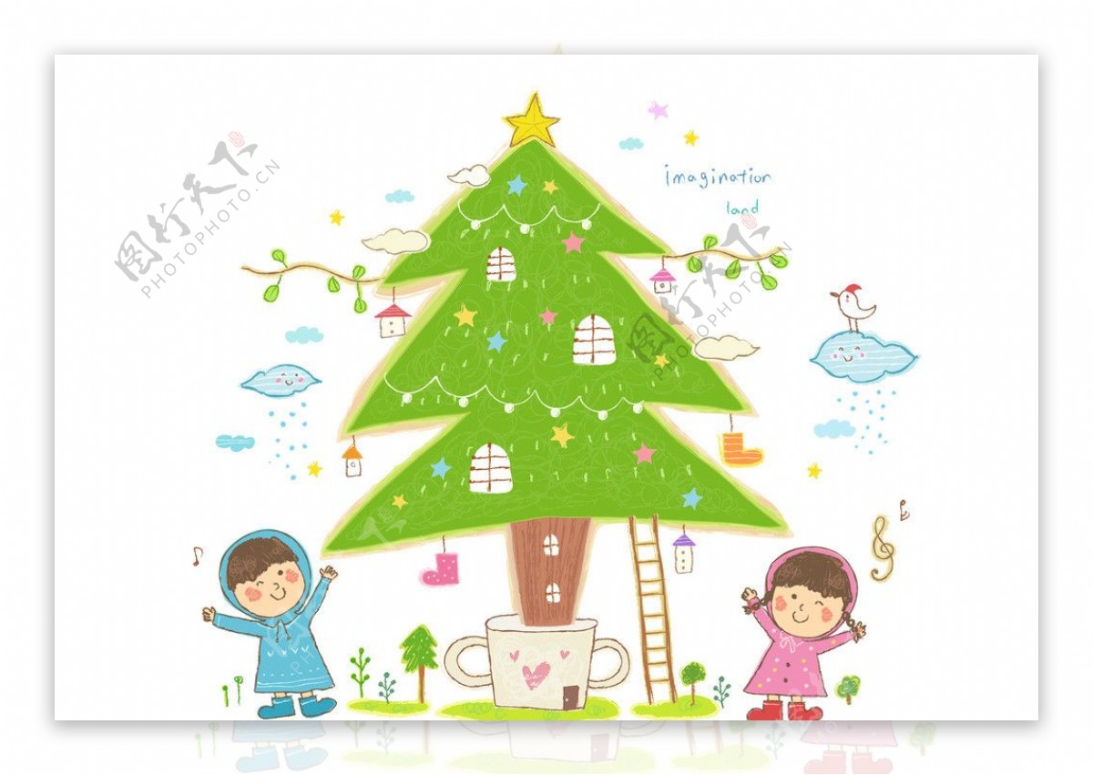 圣诞树下庆祝的孩子图片