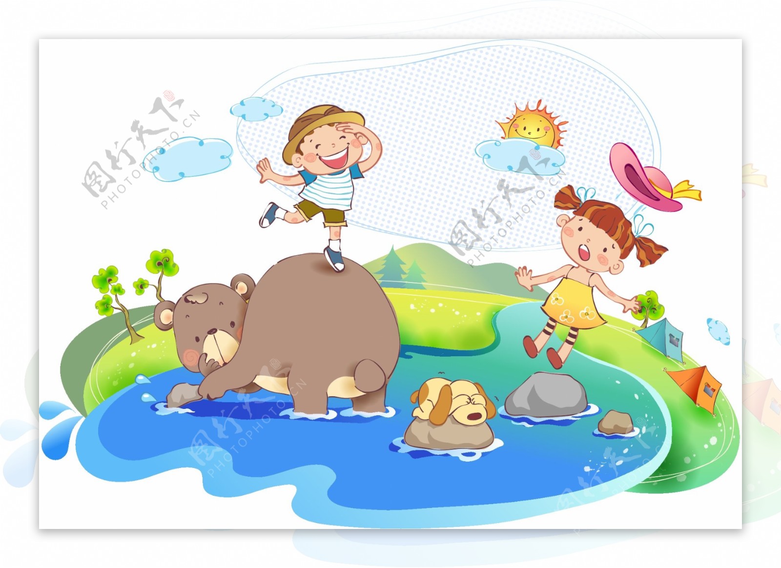 熊和孩子在小河中玩耍图片