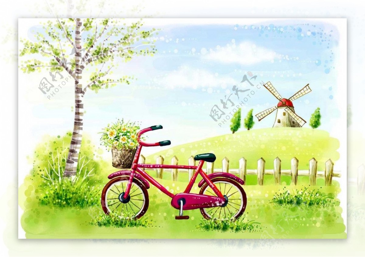 草原自行车风车图片