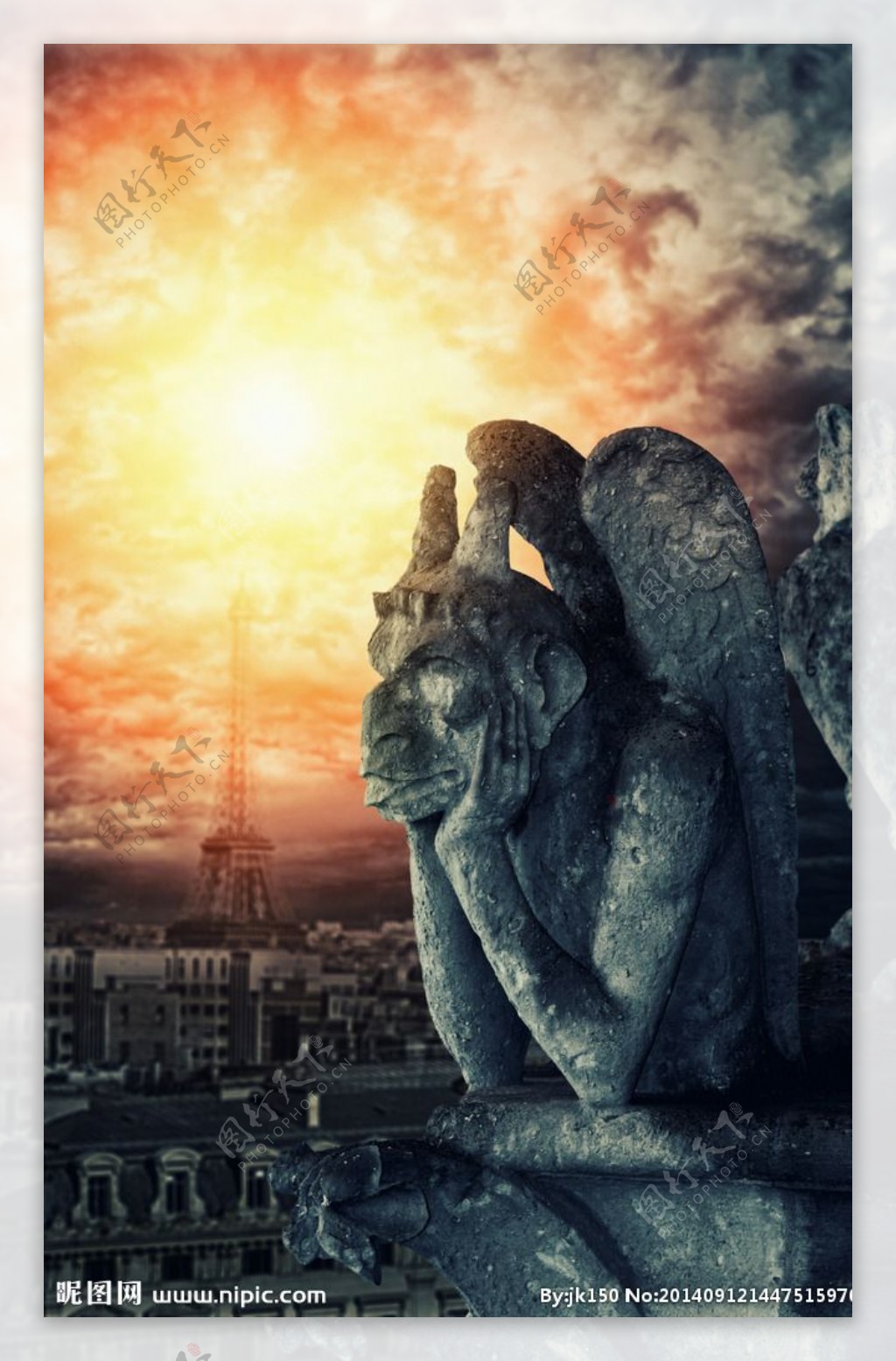 魔鬼雕像和巴黎铁塔图片