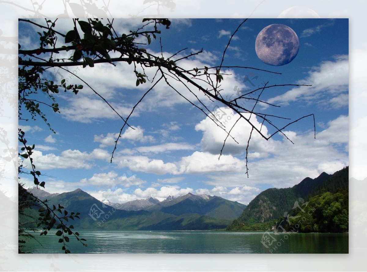 巴松措湖心岛望月图片