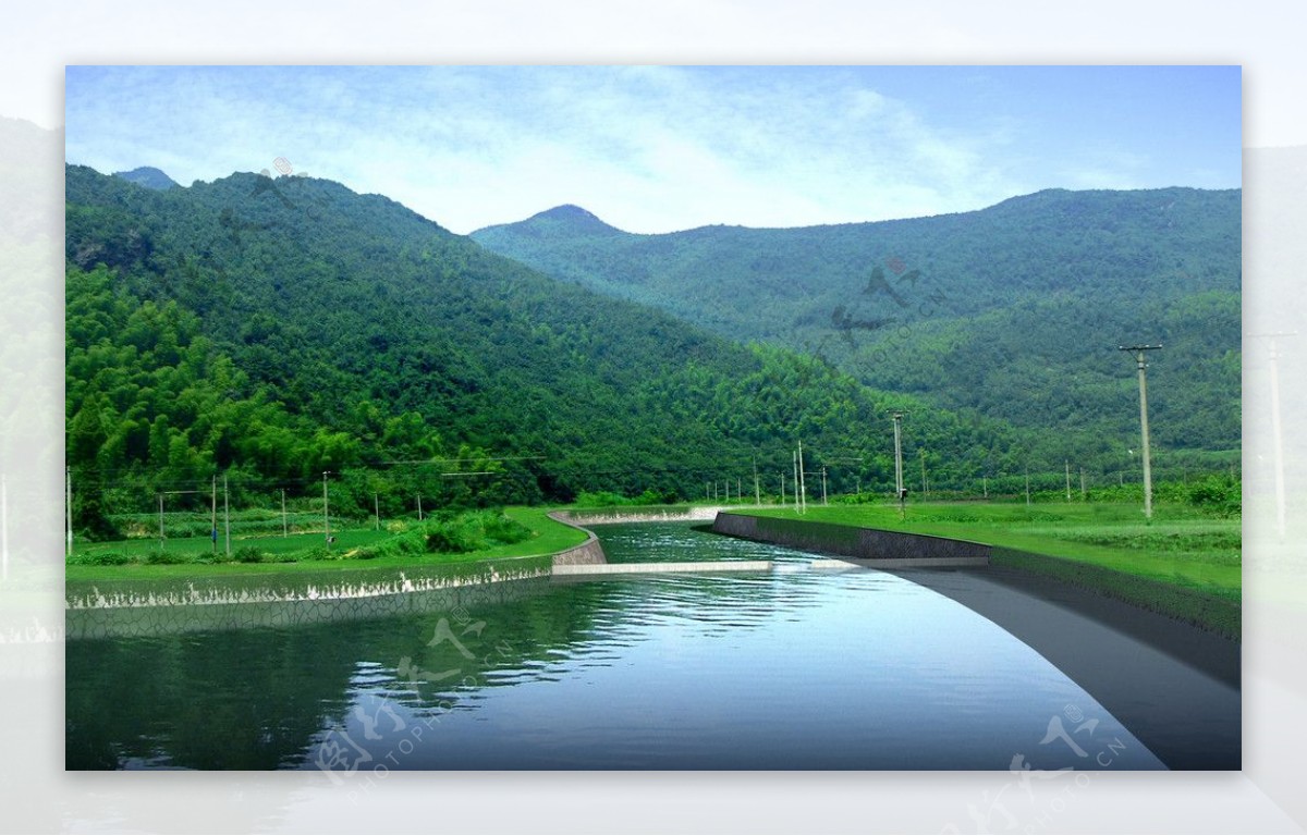 垂钓场钓鱼场自然风景山水池塘水库云彩瀑布图片