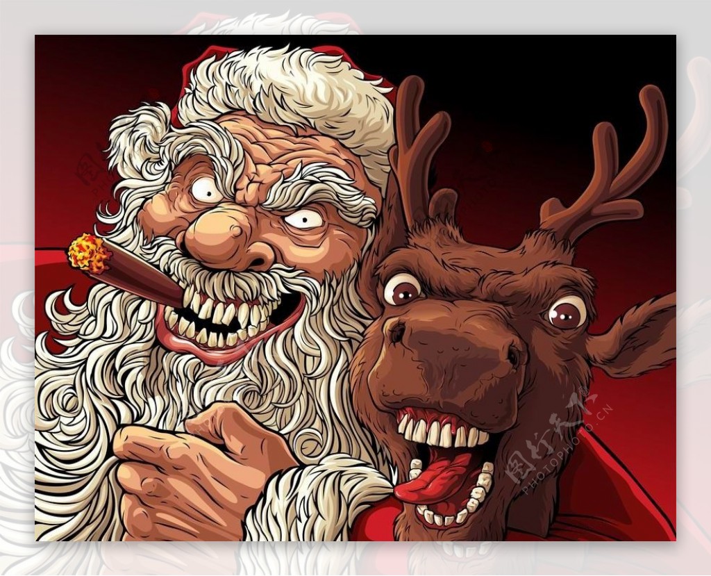 凶恶的圣诞老人和梅花鹿图片
