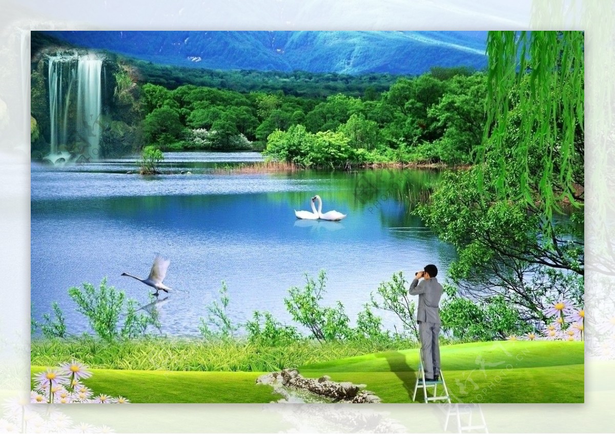 天鹅湖实景山水风景素材图片