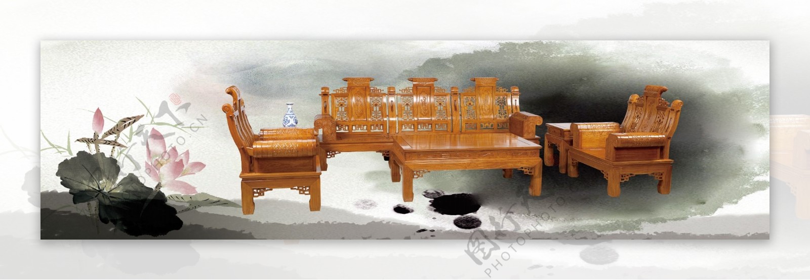 红木家具客厅木沙发荷花中国风图片