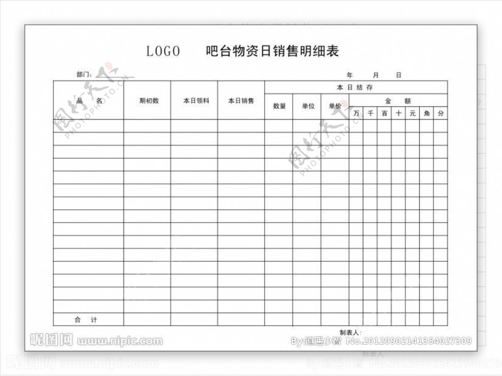 吧台物资日销售明细表图片