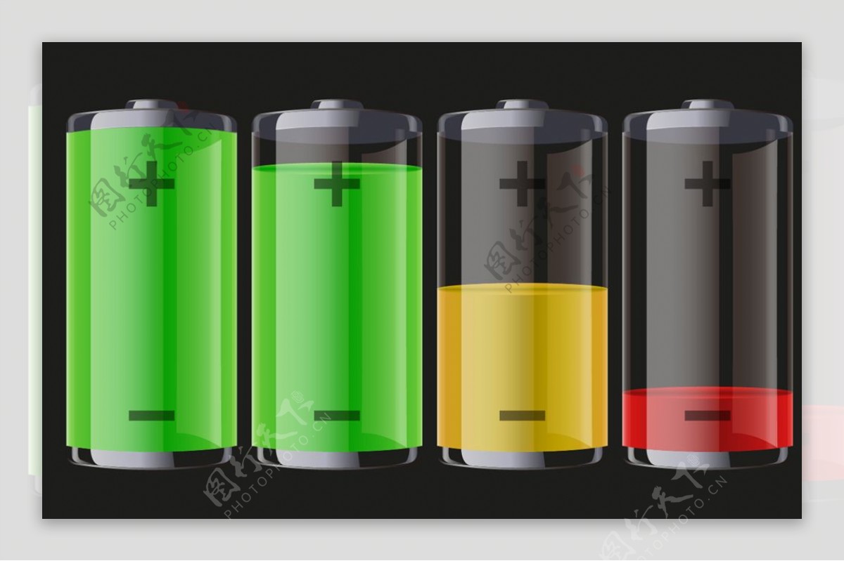 四个彩色透明电池能源图标