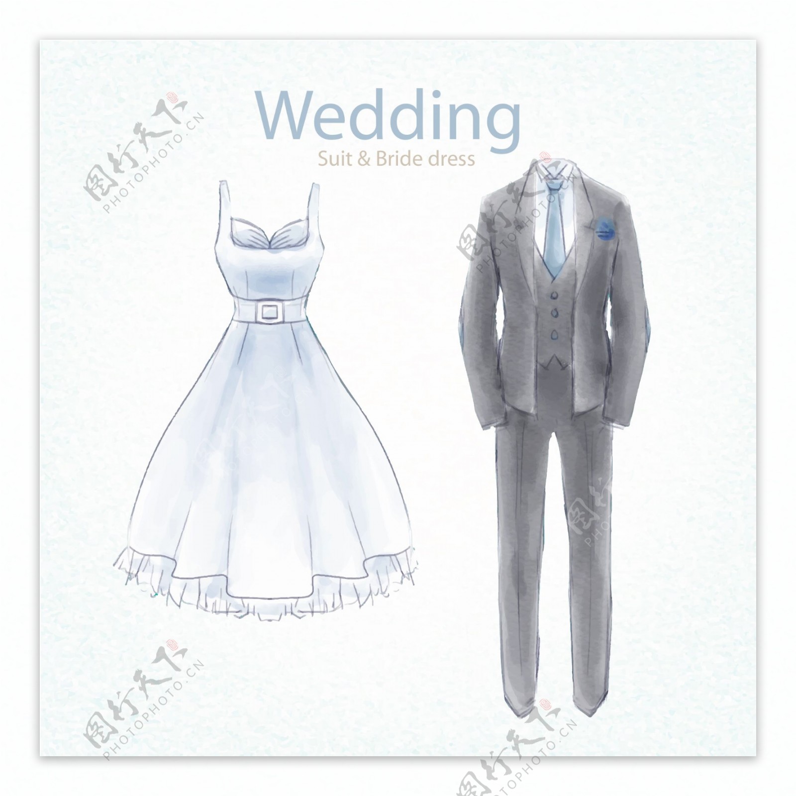 水彩绘婚纱和礼服矢量素材