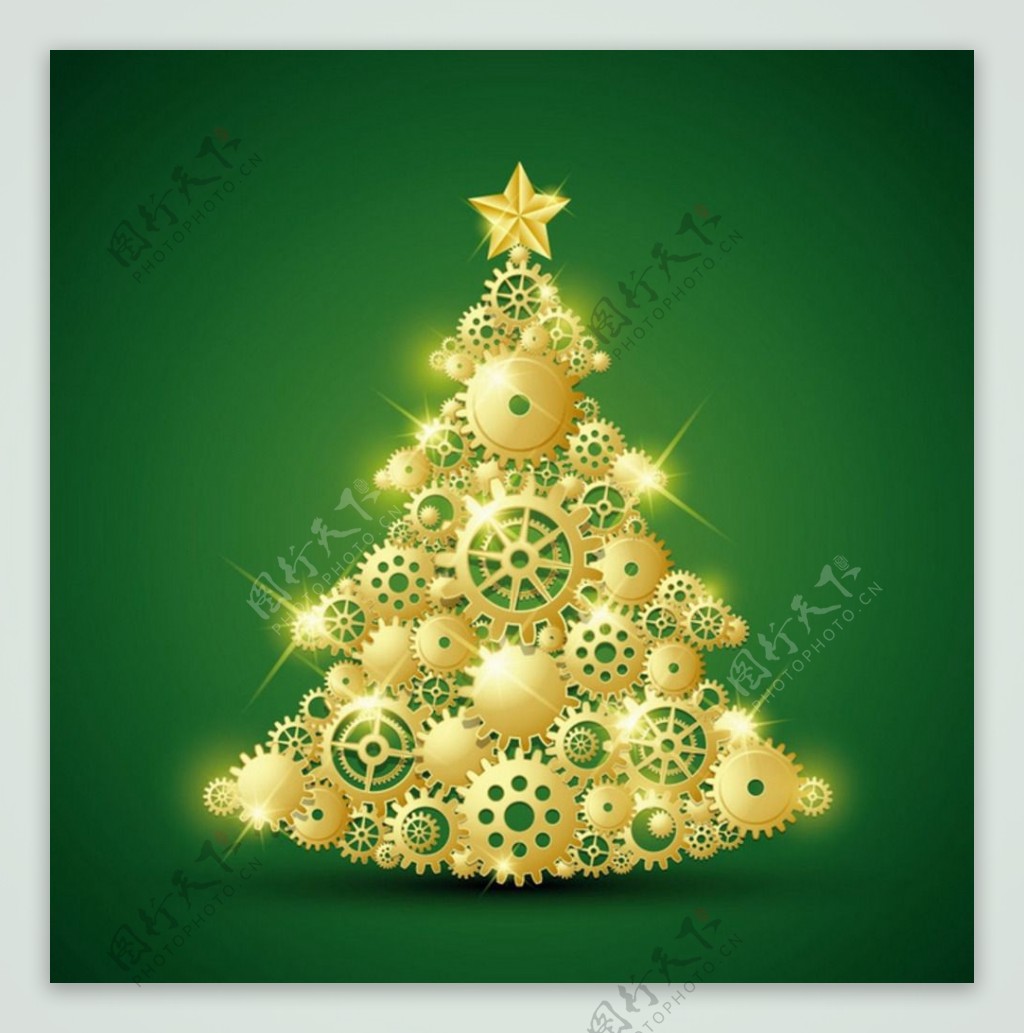 绿底金色齿轮抽象圣诞树