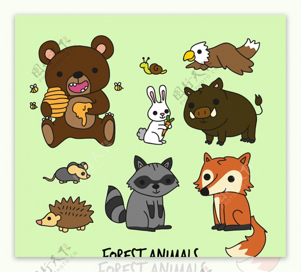 9款卡通森林中的动物矢量图