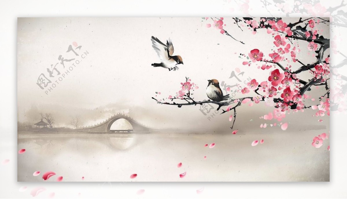中国鸟类山水画壁纸