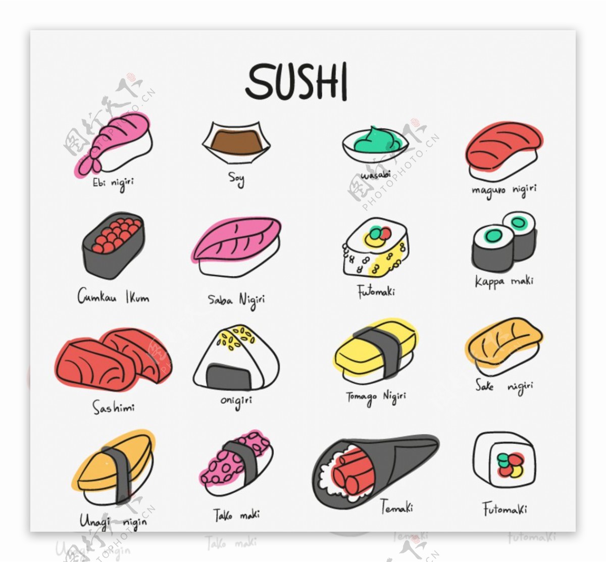寿司矢量图16种彩绘图