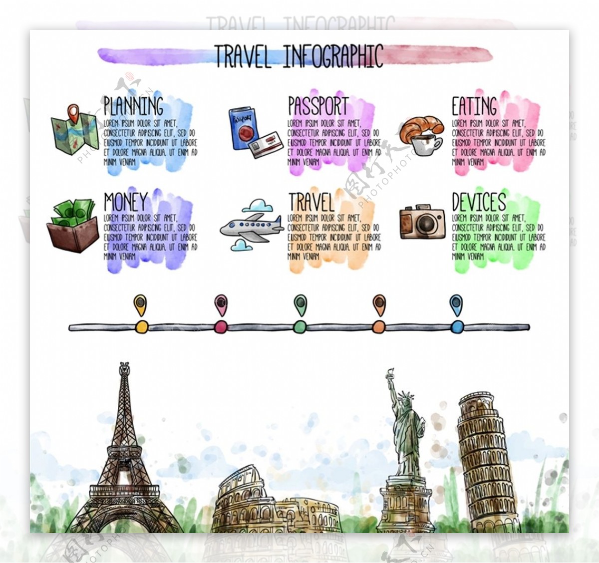 彩绘世界旅行信息图矢量素材