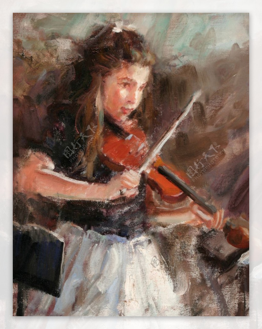 拉小提琴的女孩油画图片素材