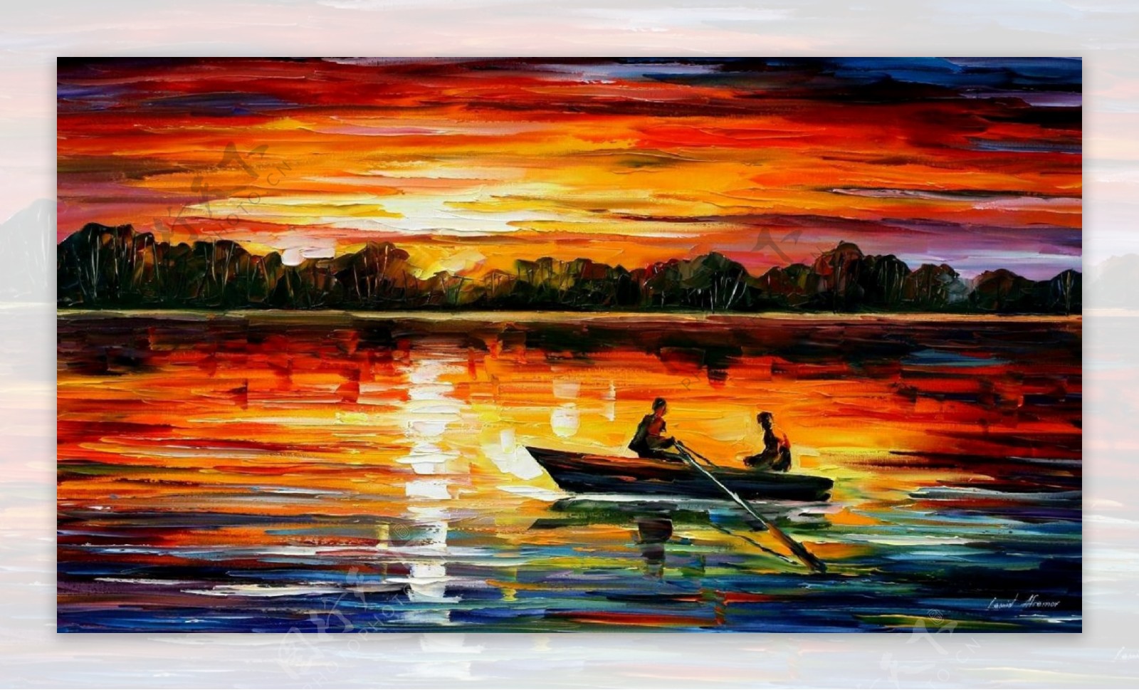 情侣划船湖景油画