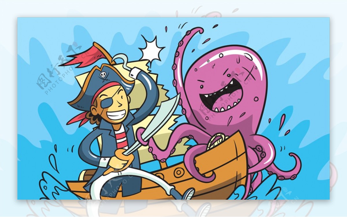 卡通海盗与章鱼大战的插图