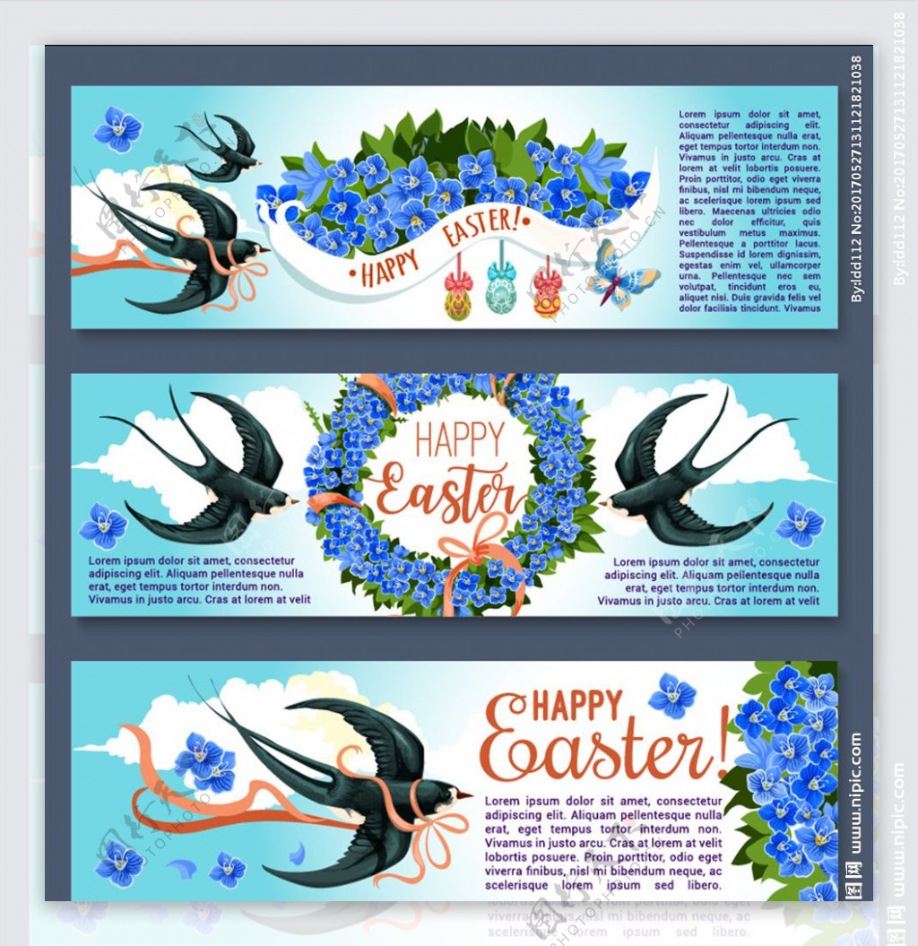 三款蓝色花朵燕子元素复活节海报