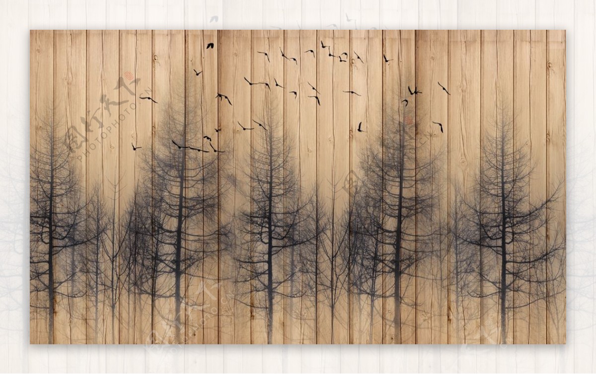 飞鸟树林剪影木板背景墙