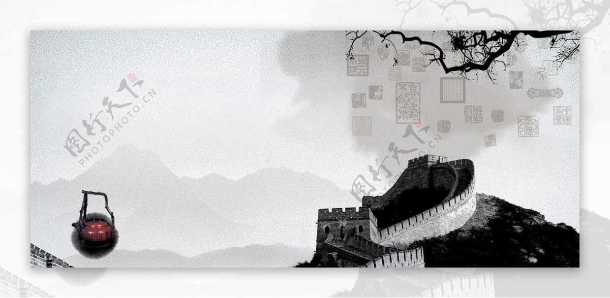 中式古建筑水墨背景