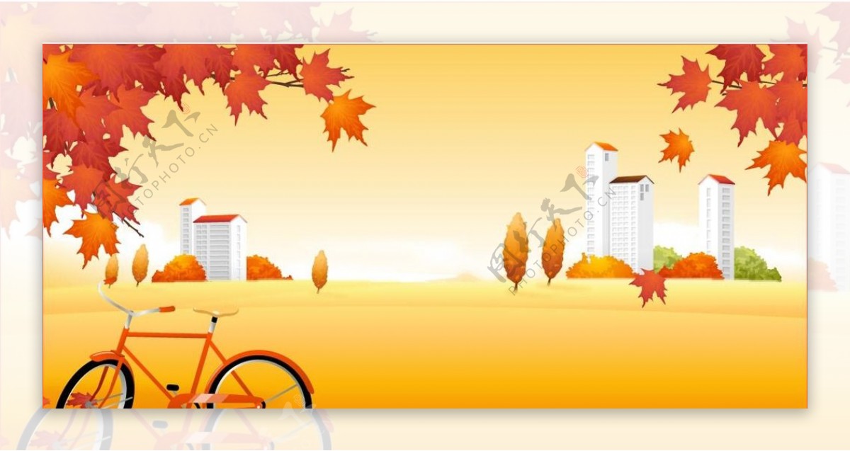 秋天田园枫树下的自行车插画