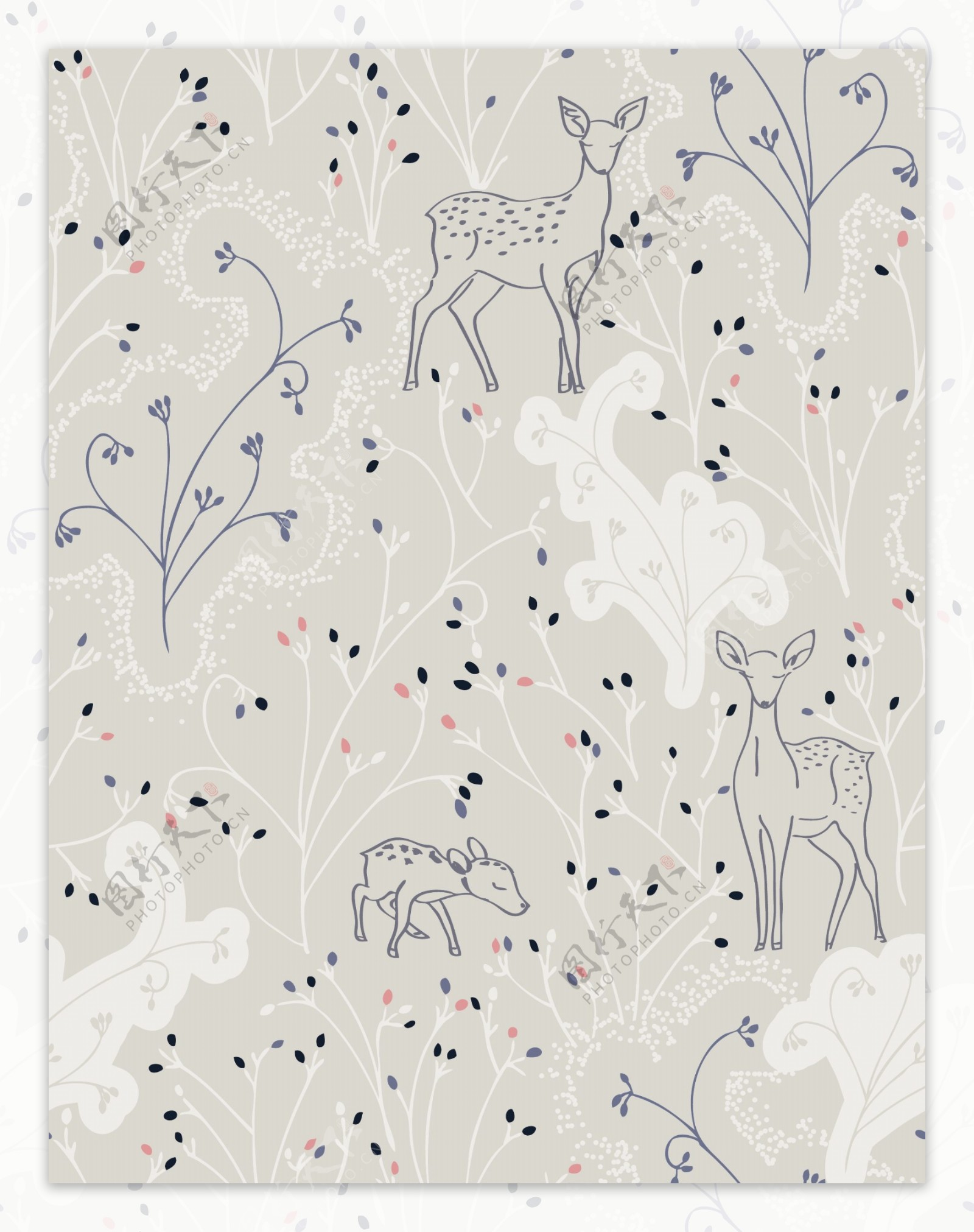 动物插画白描森林中的梅花鹿