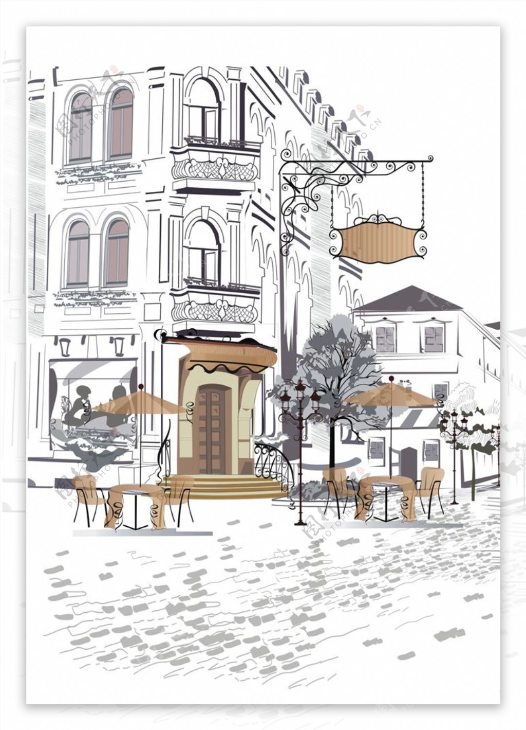 手绘建筑物咖啡厅矢量图下载