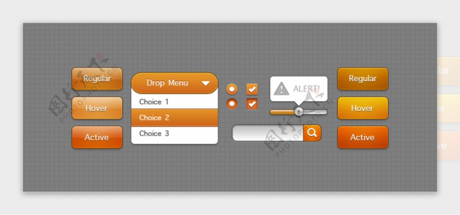 橙色按钮UI元素包PSD