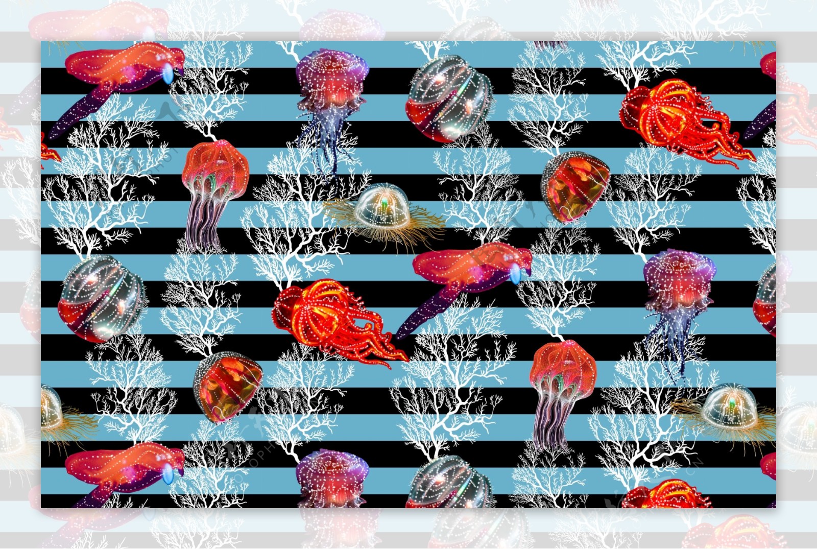 珊瑚水母黑白条纹四方连续底纹
