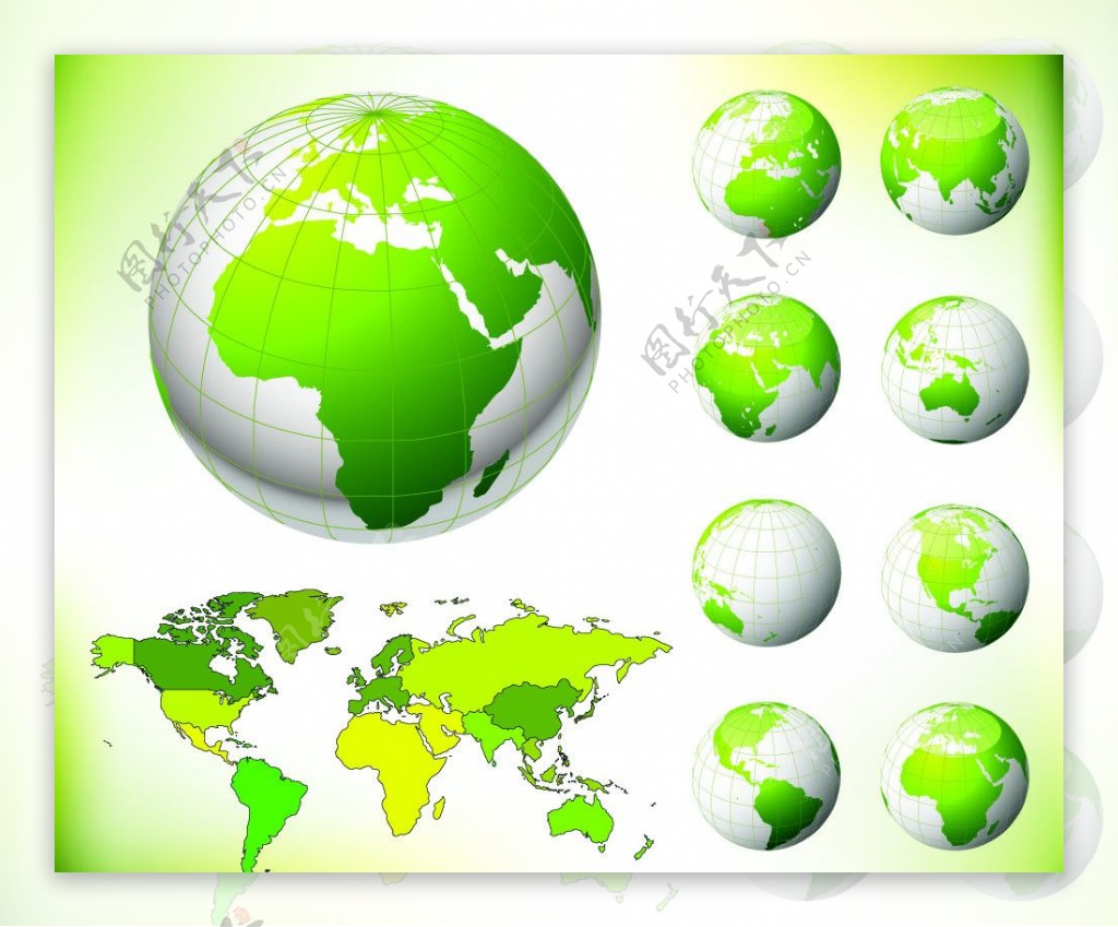绿色地球与世界地形图矢量素材