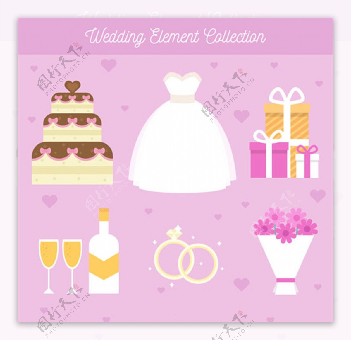 平面婚礼蛋糕和其他设计元素