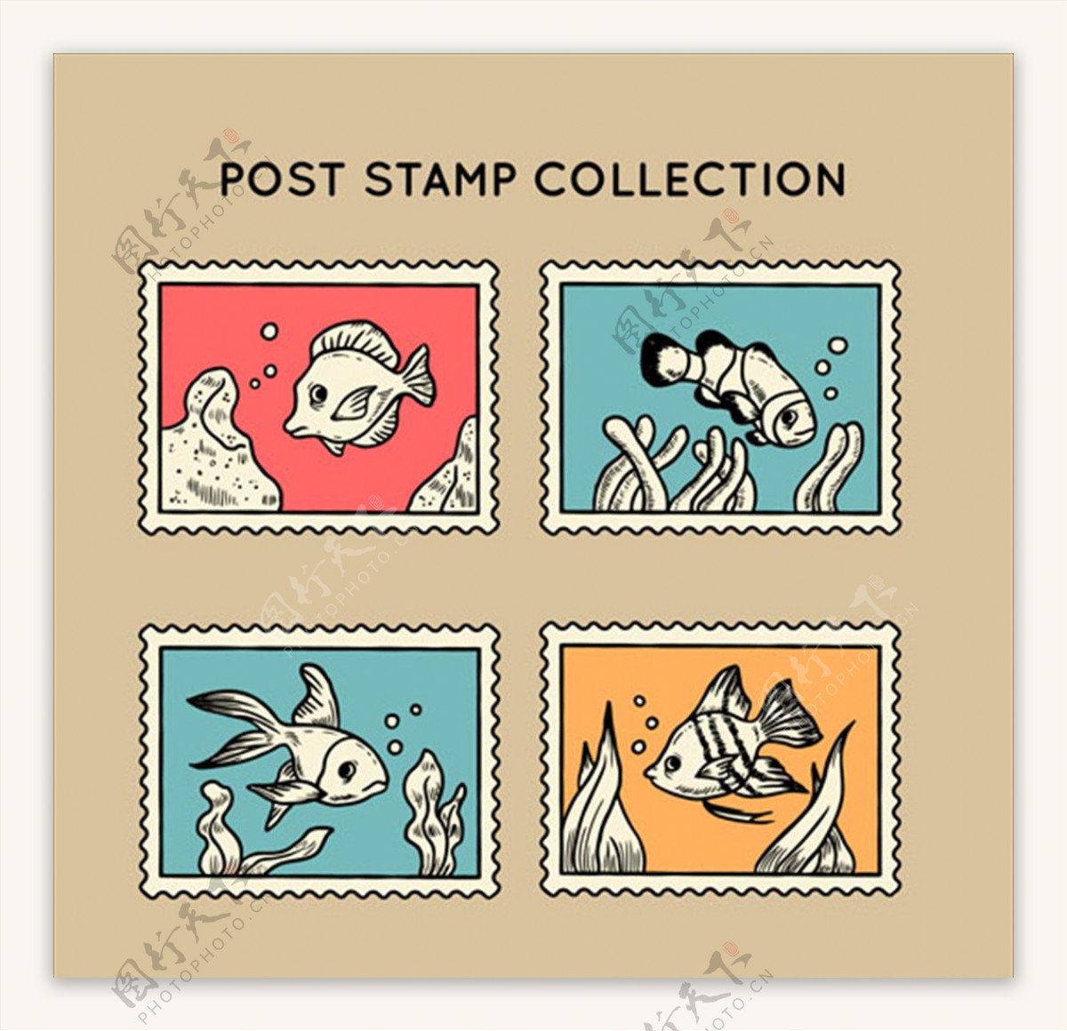 四款复古风手绘热带鱼邮票