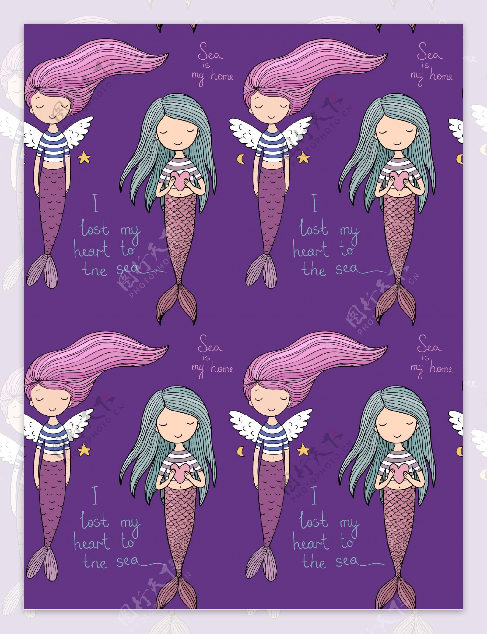 紫色卡通美人鱼墙纸背景矢量