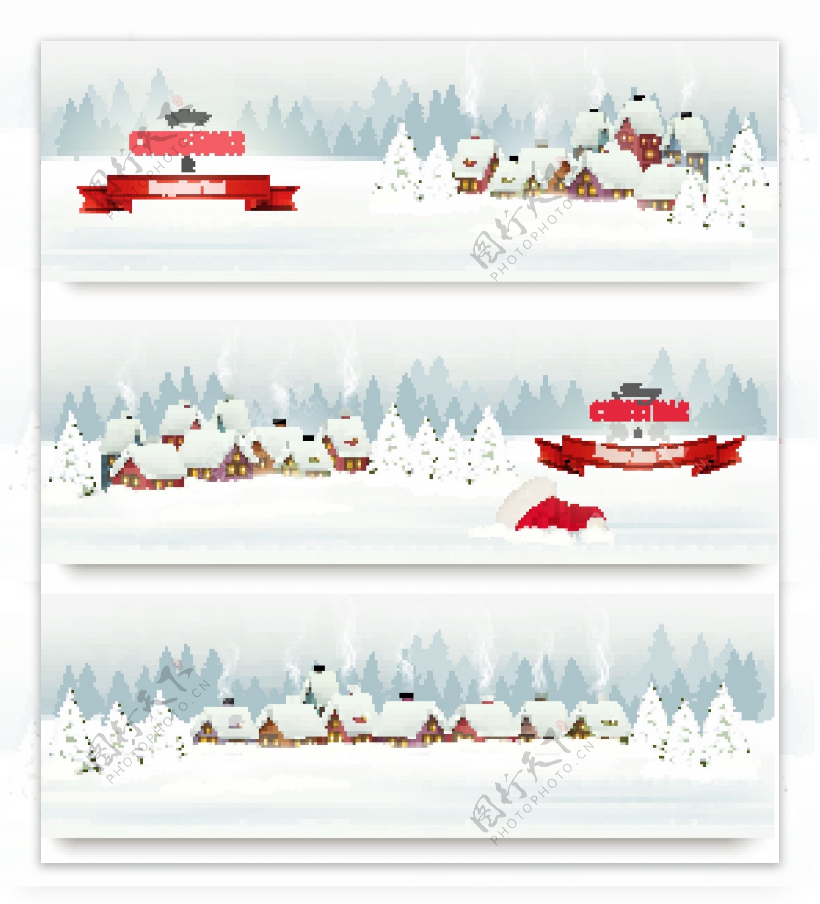 三款卡通雪景圣诞节背景矢量