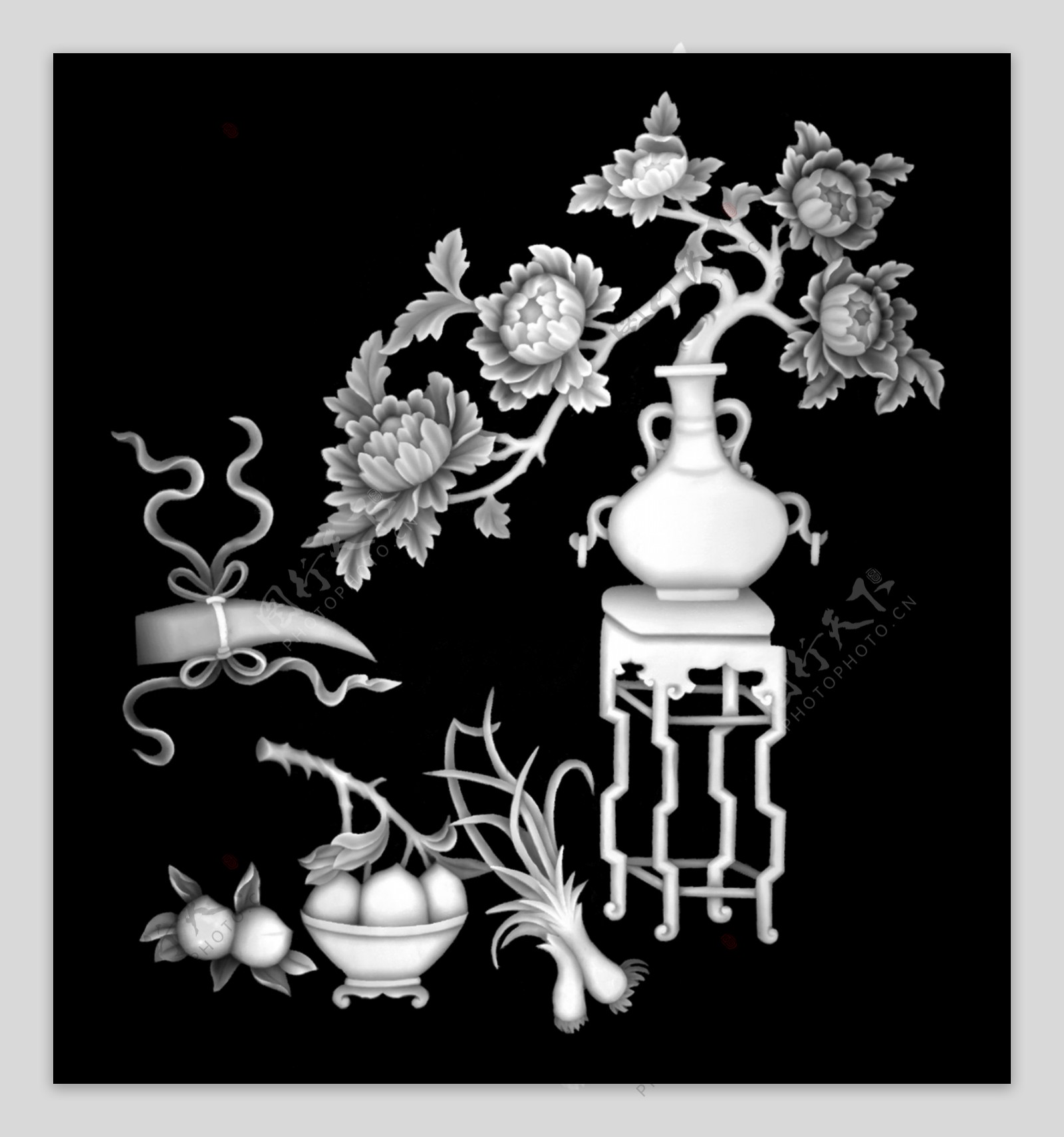 牡丹花花瓶八宝浮雕灰度图