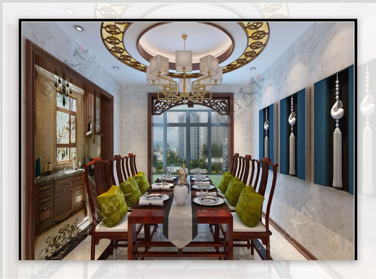 中式长餐厅吊顶效果图欣赏 – 设计本装修效果图