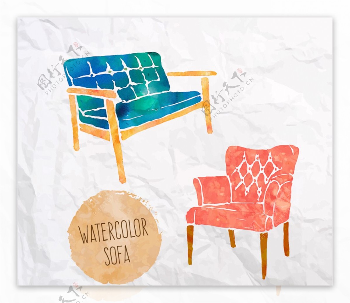 2款水彩绘沙发设计矢量素材