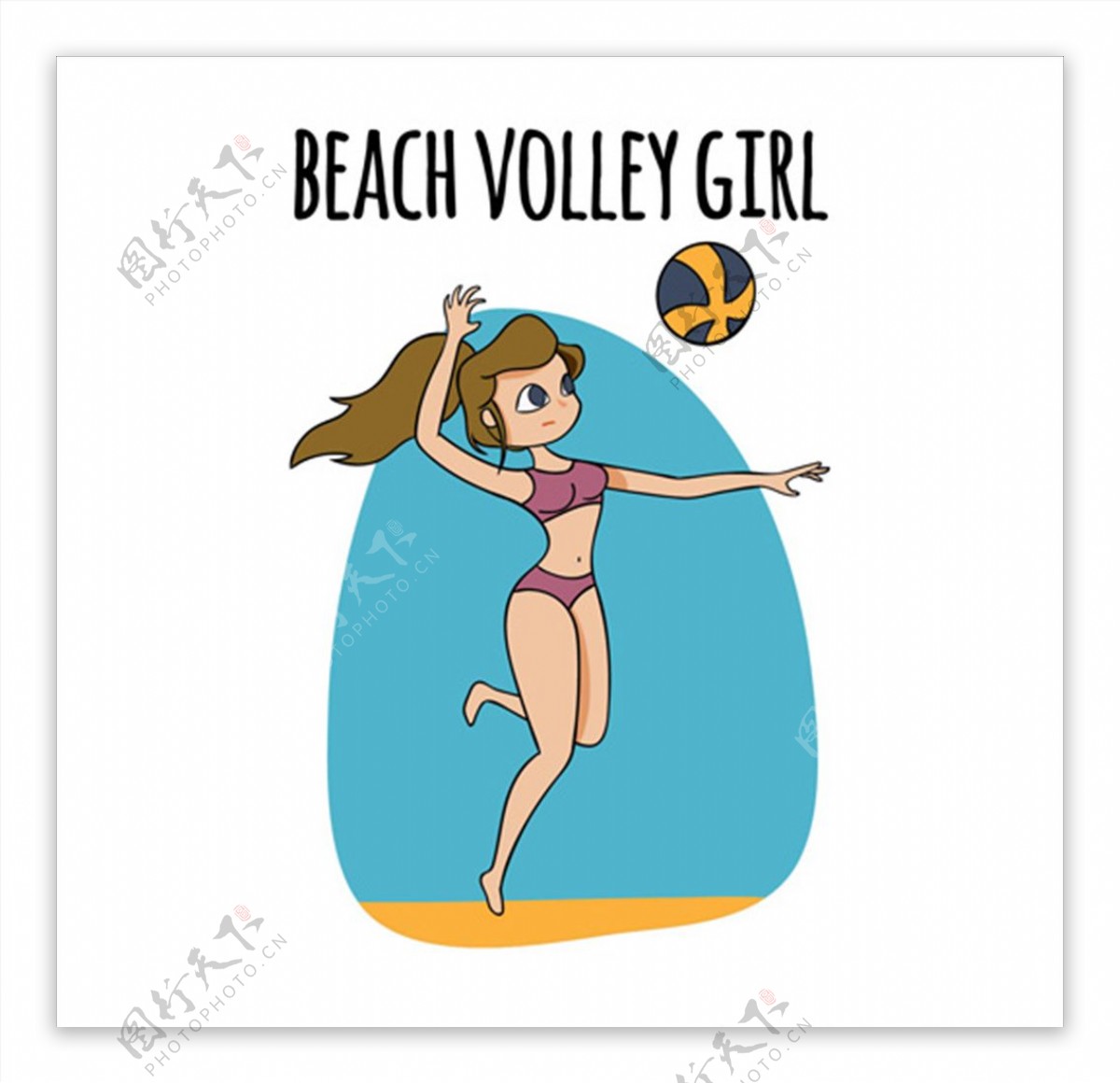 卡通打沙滩排球的女孩