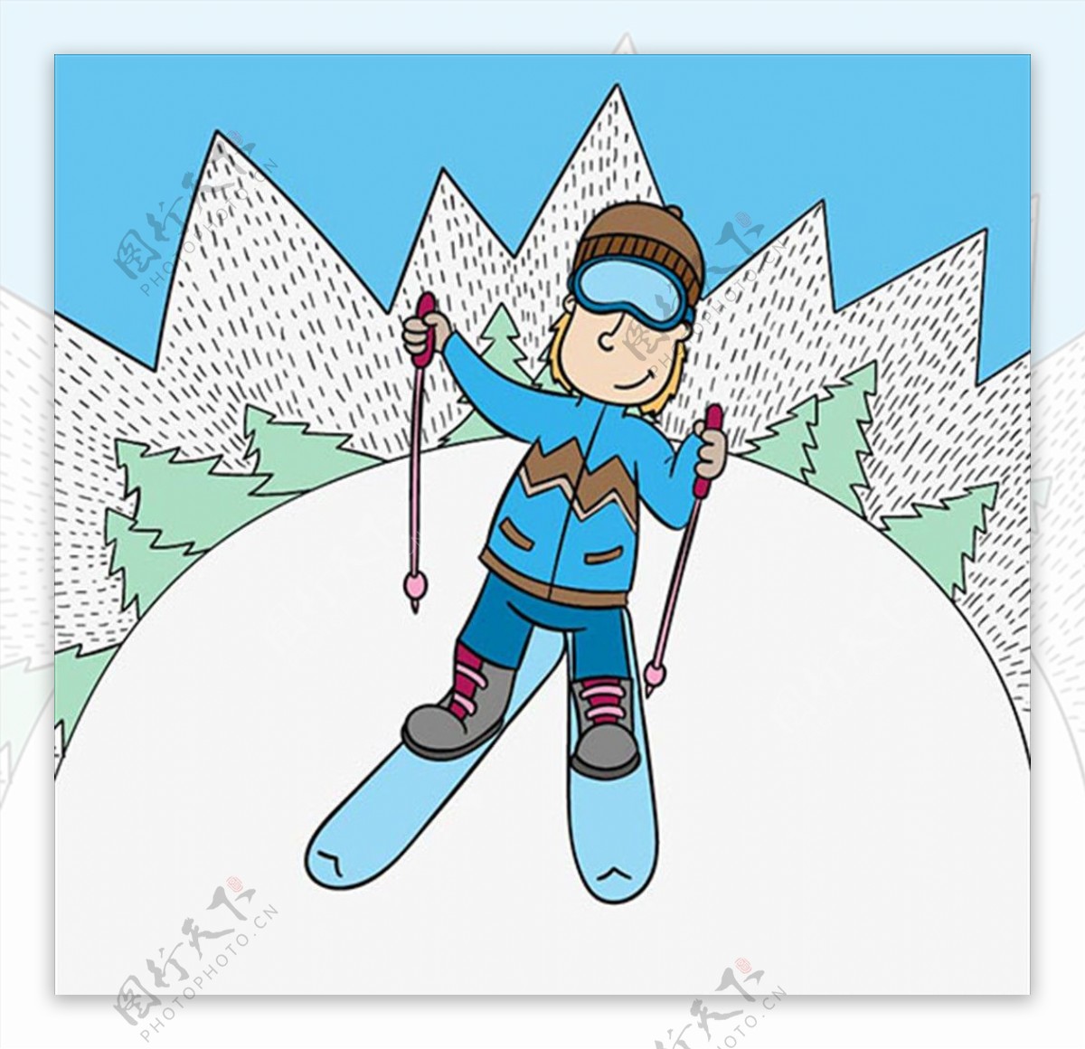 卡通冬季滑雪的男子