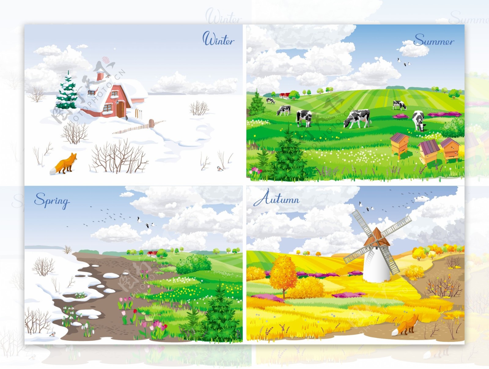 四款卡通春夏秋冬季节风景背景图片素材-编号24078656-图行天下