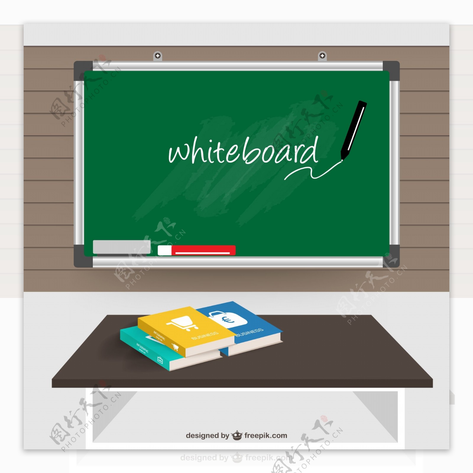 卡通黑板与课桌背景矢量素材