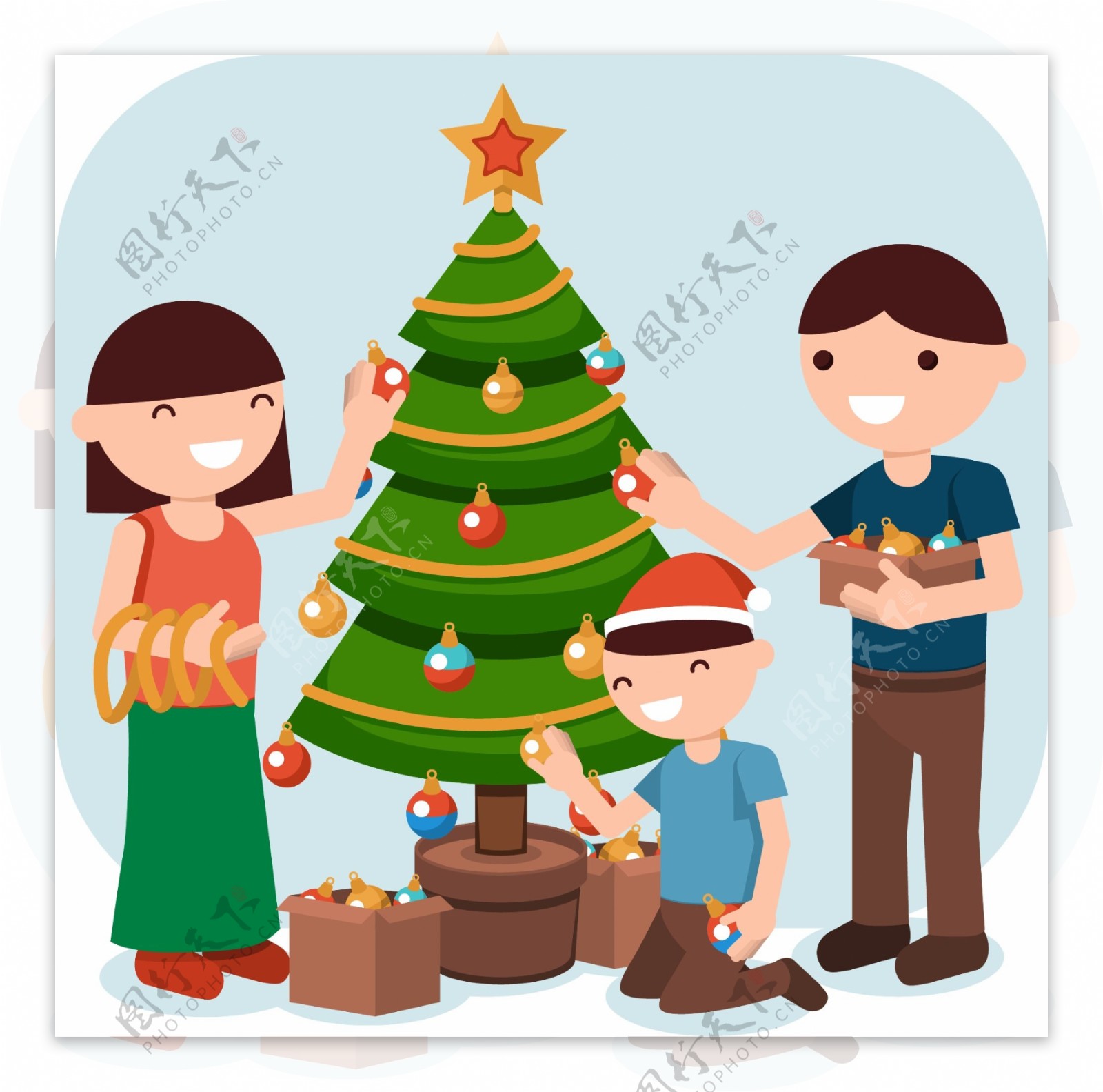 圣诞节和家人装圣诞树的孩子