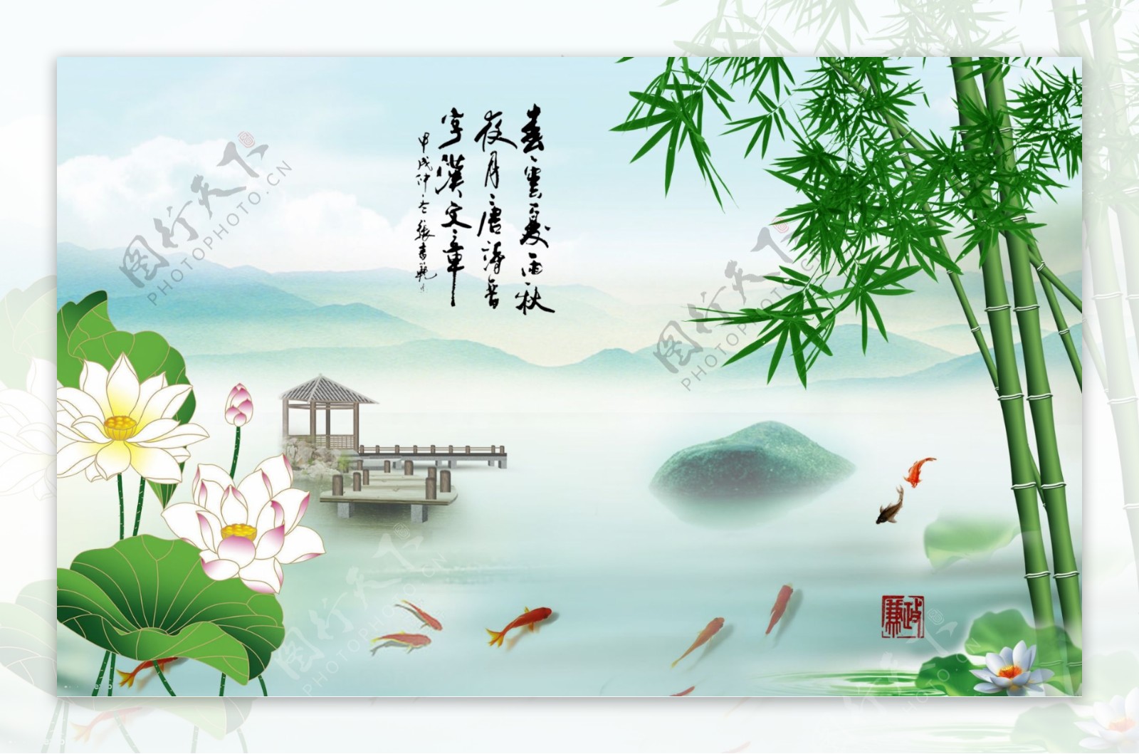 清新绿色竹子荷花电视背装饰画