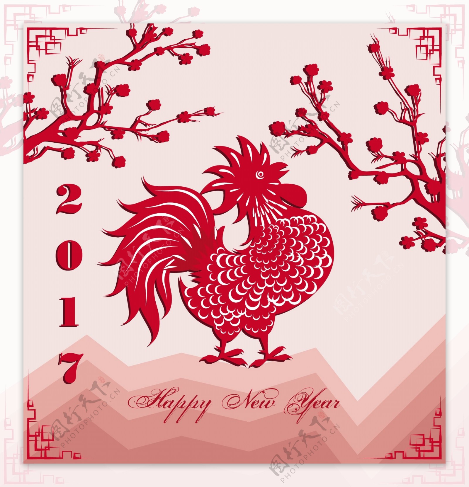 红色大公鸡中国传统春节剪纸矢量素材