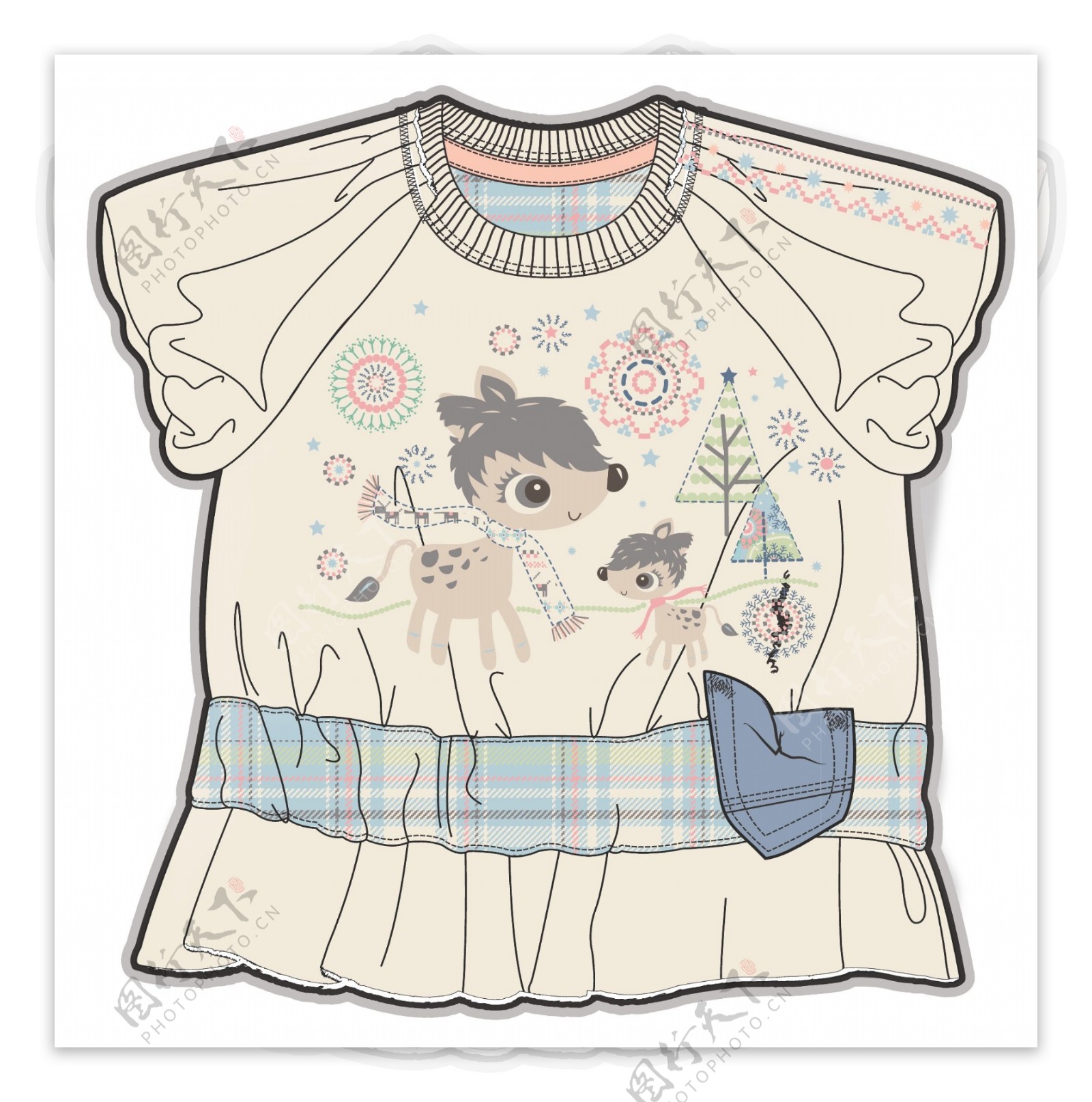 小鹿短袖女宝宝服装设计彩色稿件矢量素材