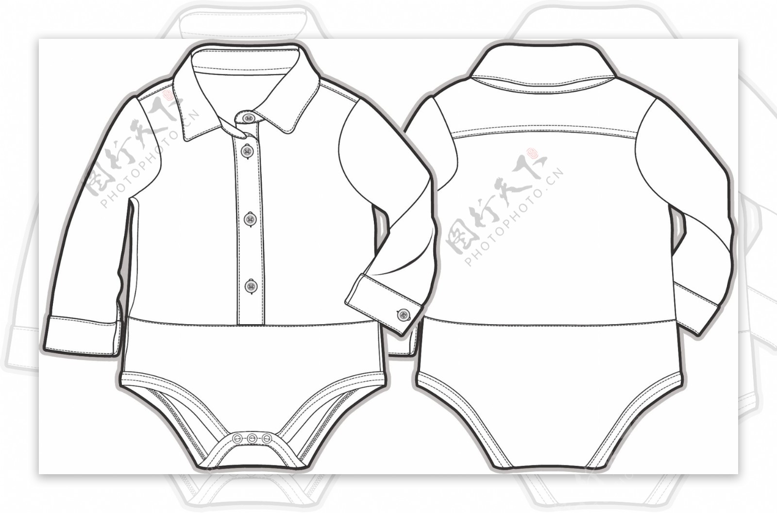 连体长袖婴儿服装设计线稿矢量素材